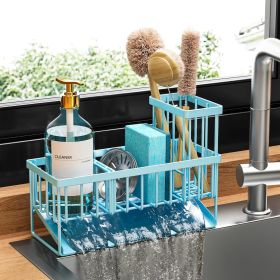 Blue Kitchen Sink Caddy Organzier with High Brush Holder, Sponge Holder for Sink, 304 Rustproof Stainless, Kitchen Countertop Soap Dispenser Organizer